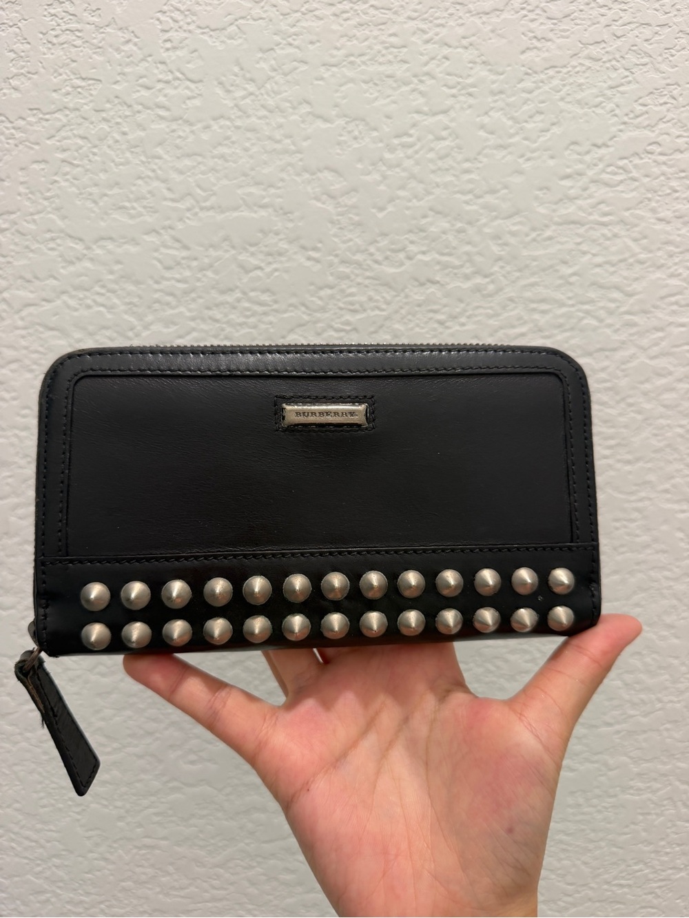 Burberry Black Leather Zip Wallet with Silver Studs